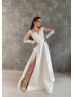 Long Sleeves Beaded Ivory Lace Satin High Slit Wedding Dress